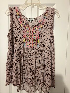 Grace & Lace Pink Polka Dot Sleeveless Tank with Colorful Embroidery